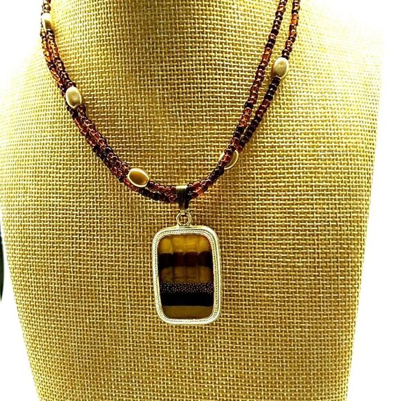 VTG Kenneth Cole 2-Strand Necklace Beaded Earth Tone Enamel Pendant Faux Pearls - Picture 2 of 15